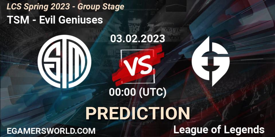 TSM vs Evil Geniuses: Match Prediction. 03.02.2023 at 02:00, LoL, LCS Spring 2023 - Group Stage