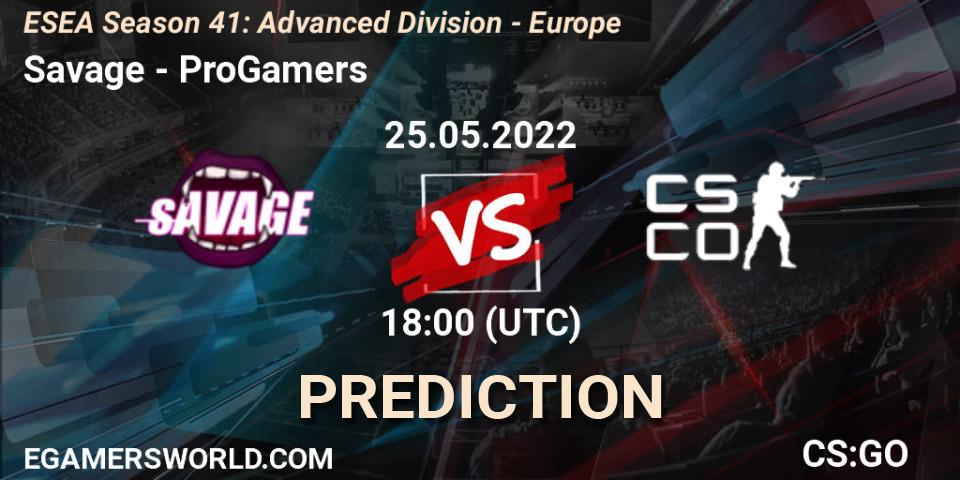 Savage vs ProGamers: Match Prediction. 25.05.2022 at 18:00, Counter-Strike (CS2), ESEA Season 41: Advanced Division - Europe