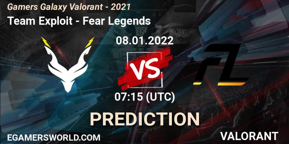 Team Exploit vs Fear Legends: Match Prediction. 08.01.2022 at 07:15, VALORANT, Gamers Galaxy Valorant - 2021