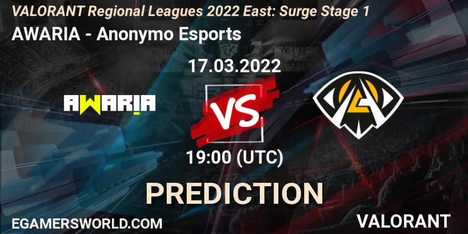 AWARIA vs Anonymo Esports: Match Prediction. 17.03.2022 at 19:00, VALORANT, VALORANT Regional Leagues 2022 East: Surge Stage 1