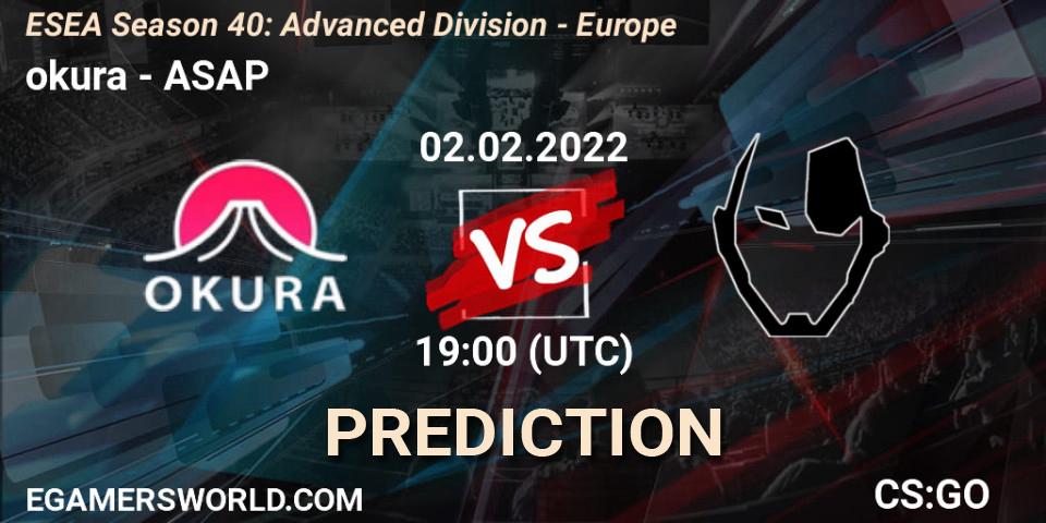 okura vs ASAP: Match Prediction. 02.02.2022 at 19:00, Counter-Strike (CS2), ESEA Season 40: Advanced Division - Europe