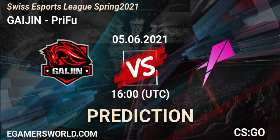 GAIJIN vs PriFu: Match Prediction. 05.06.2021 at 16:00, Counter-Strike (CS2), Swiss Esports League Spring 2021