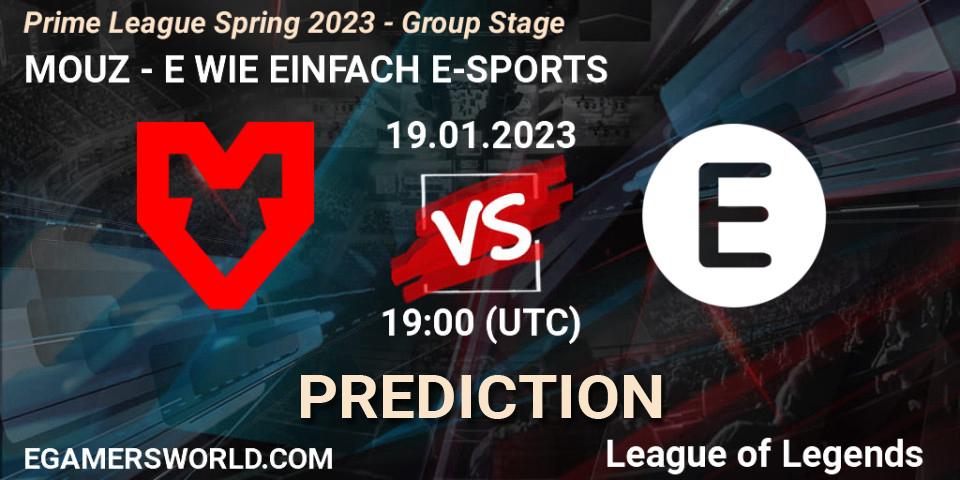 MOUZ vs E WIE EINFACH E-SPORTS: Match Prediction. 19.01.2023 at 18:00, LoL, Prime League Spring 2023 - Group Stage