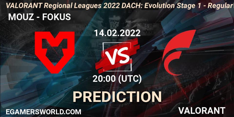  MOUZ vs FOKUS: Match Prediction. 14.02.2022 at 20:30, VALORANT, VALORANT Regional Leagues 2022 DACH: Evolution Stage 1 - Regular Season