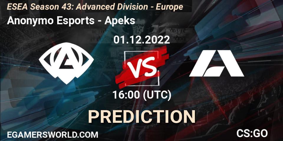 Anonymo Esports vs Apeks: Match Prediction. 01.12.22, CS2 (CS:GO), ESEA Season 43: Advanced Division - Europe