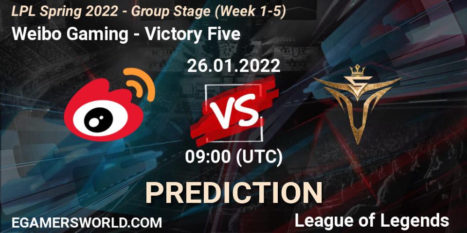 Weibo Gaming vs Victory Five: Match Prediction. 26.01.2022 at 09:00, LoL, LPL Spring 2022 - Group Stage (Week 1-5)