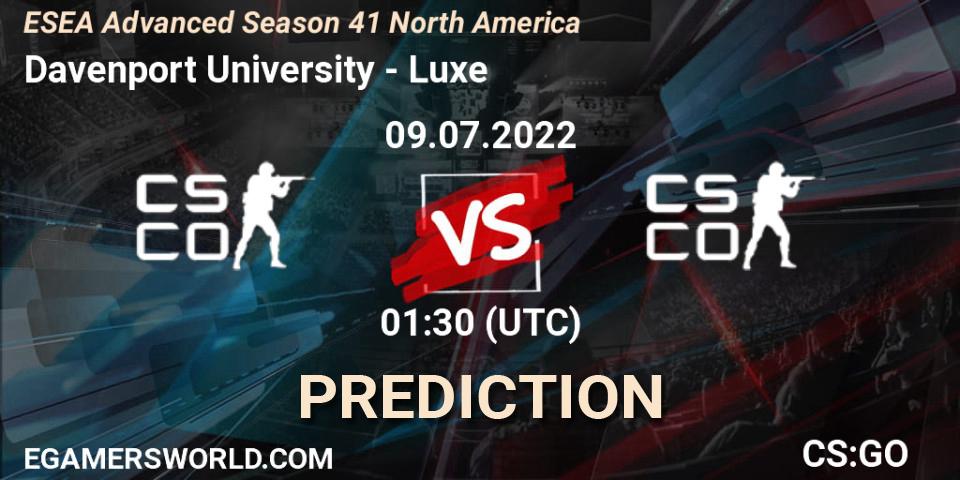 Davenport University vs Luxe: Match Prediction. 09.07.2022 at 01:30, Counter-Strike (CS2), ESEA Advanced Season 41 North America