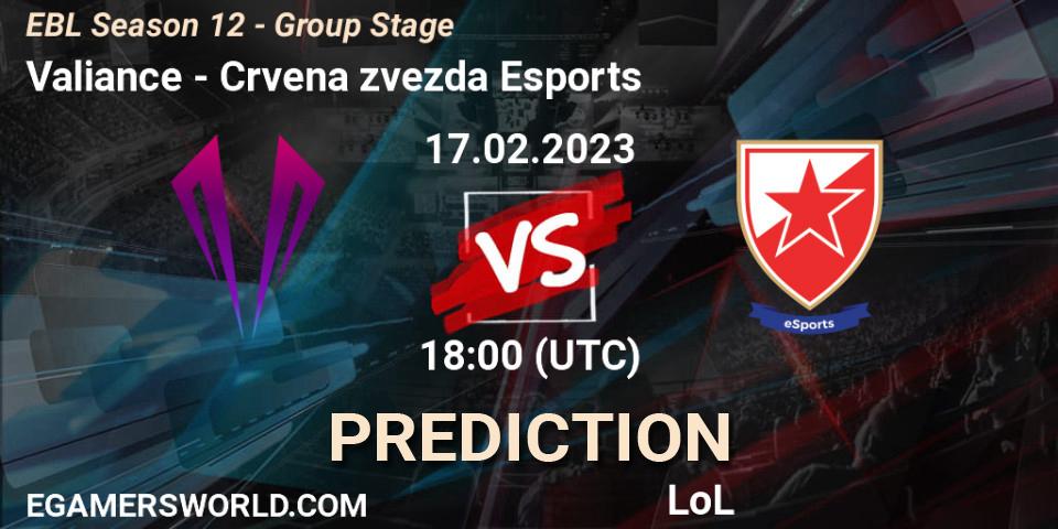 Valiance vs Crvena zvezda Esports: Match Prediction. 17.02.23, LoL, EBL Season 12 - Group Stage