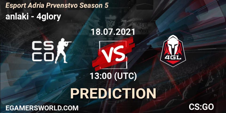 anlaki vs 4glory: Match Prediction. 18.07.2021 at 13:10, Counter-Strike (CS2), Esport Adria Prvenstvo Season 5