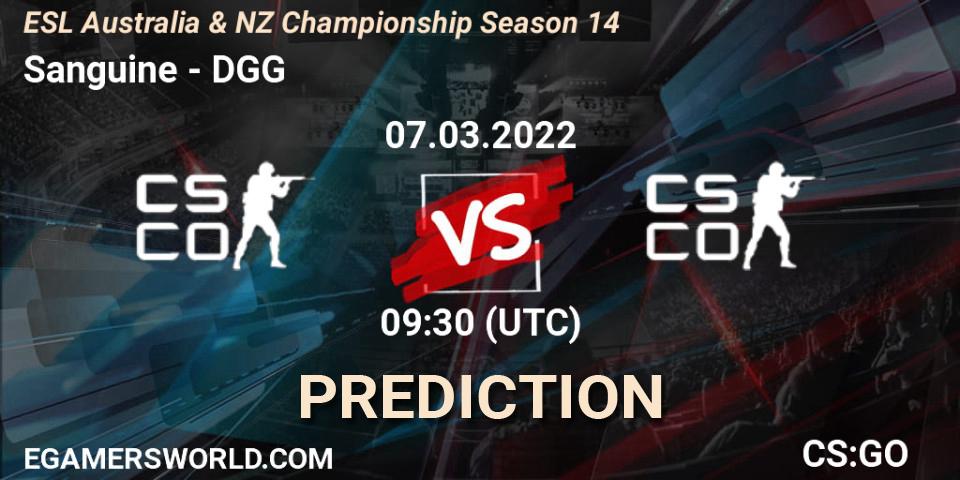 Sanguine vs DGG Esports: Match Prediction. 07.03.2022 at 10:05, Counter-Strike (CS2), ESL ANZ Champs Season 14
