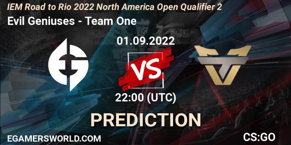 Evil Geniuses vs Team One: Match Prediction. 01.09.2022 at 22:00, Counter-Strike (CS2), IEM Road to Rio 2022 North America Open Qualifier 2