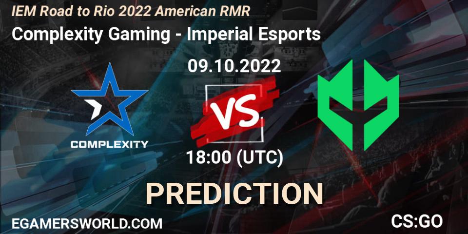 Complexity Gaming vs Imperial Esports: Match Prediction. 09.10.2022 at 18:25, Counter-Strike (CS2), IEM Road to Rio 2022 American RMR