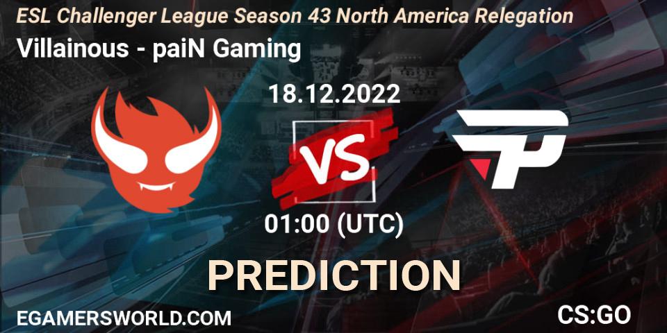 Villainous vs paiN Gaming: Match Prediction. 18.12.2022 at 01:00, Counter-Strike (CS2), ESL Challenger League Season 43 North America Relegation