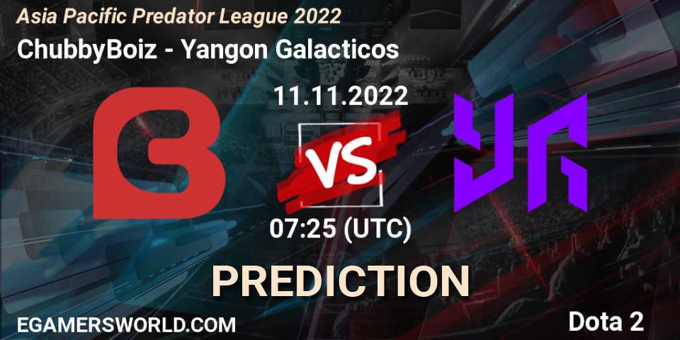 ChubbyBoiz vs Yangon Galacticos: Match Prediction. 11.11.2022 at 07:25, Dota 2, Asia Pacific Predator League 2022