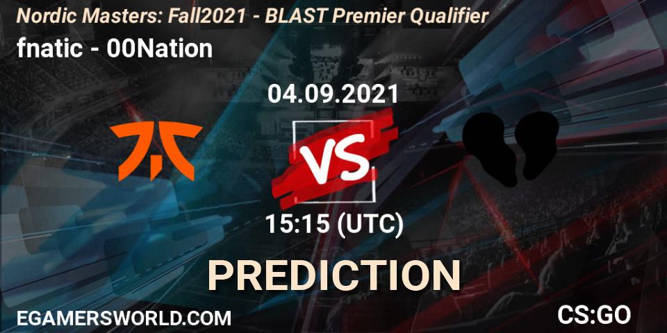 fnatic vs 00Nation: Match Prediction. 04.09.2021 at 15:15, Counter-Strike (CS2), Nordic Masters: Fall 2021 - BLAST Premier Qualifier