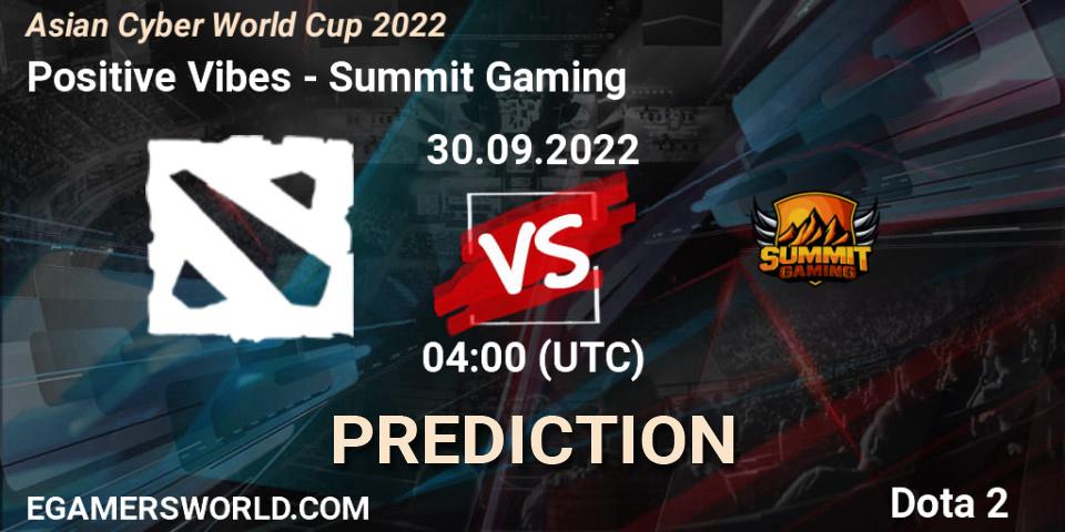 Positive Vibes vs Summit Gaming: Match Prediction. 30.09.2022 at 04:11, Dota 2, Asian Cyber World Cup 2022