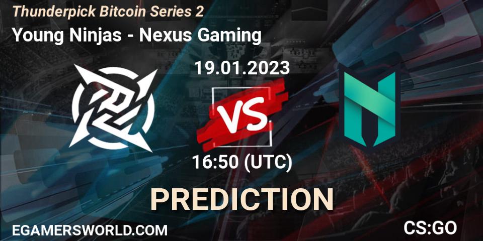 Young Ninjas vs Nexus Gaming: Match Prediction. 19.01.2023 at 17:30, Counter-Strike (CS2), Thunderpick Bitcoin Series 2