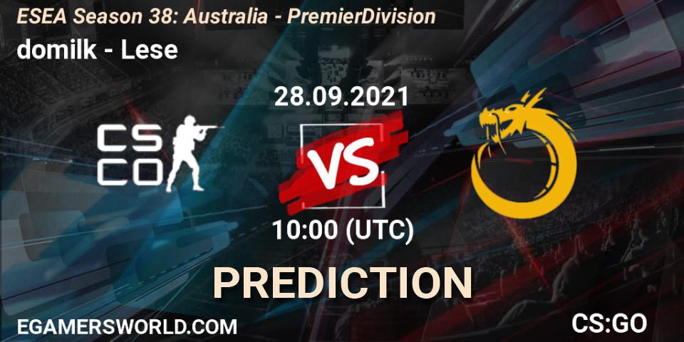domilk vs Lese: Match Prediction. 28.09.2021 at 10:15, Counter-Strike (CS2), ESEA Season 38: Australia - Premier Division