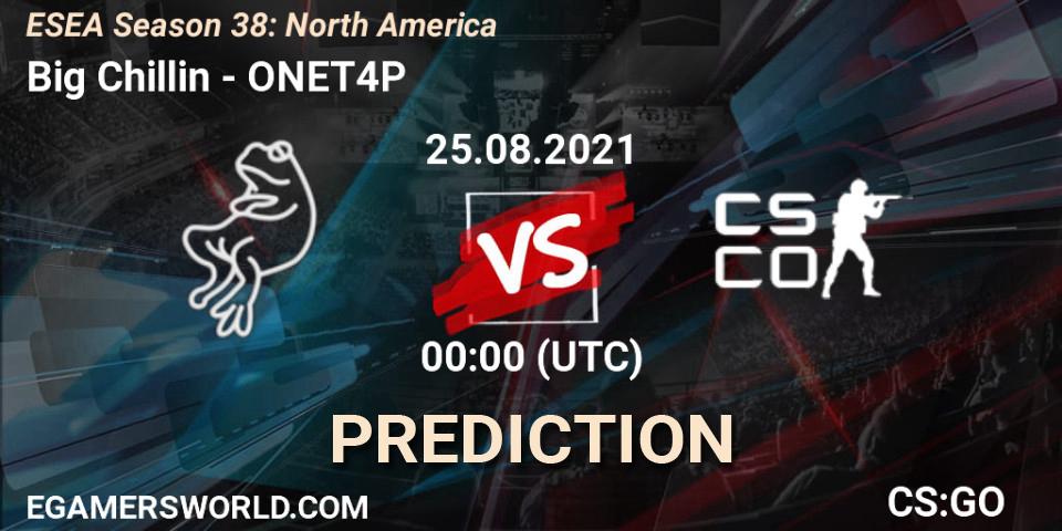 Big Chillin vs ONET4P: Match Prediction. 25.08.2021 at 00:00, Counter-Strike (CS2), ESEA Season 38: North America 