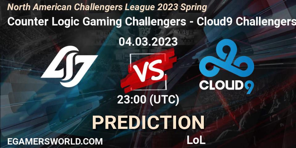 Counter Logic Gaming Challengers vs Cloud9 Challengers: Match Prediction. 04.03.2023 at 23:00, LoL, NACL 2023 Spring - Group Stage