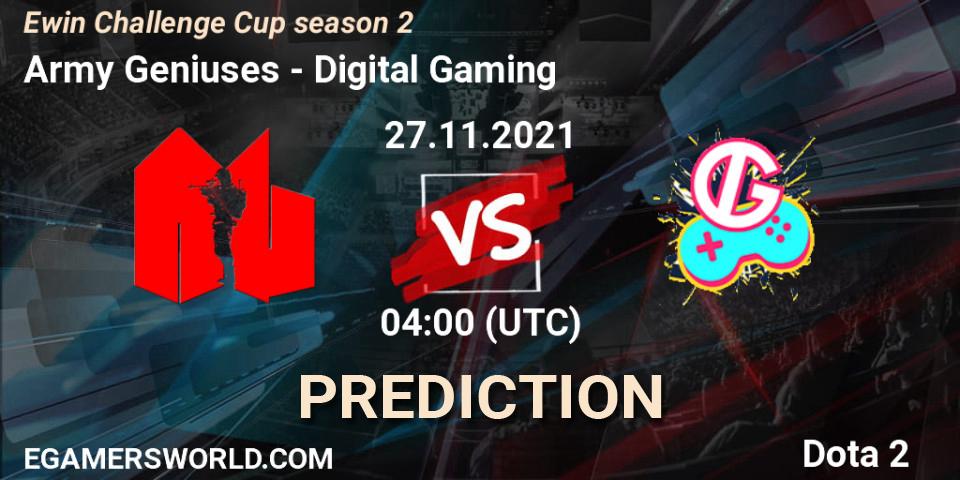 Army Geniuses vs Digital Gaming: Match Prediction. 27.11.2021 at 04:13, Dota 2, Ewin Challenge Cup season 2