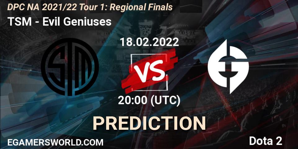 TSM vs Evil Geniuses: Match Prediction. 18.02.2022 at 22:56, Dota 2, DPC NA 2021/22 Tour 1: Regional Finals