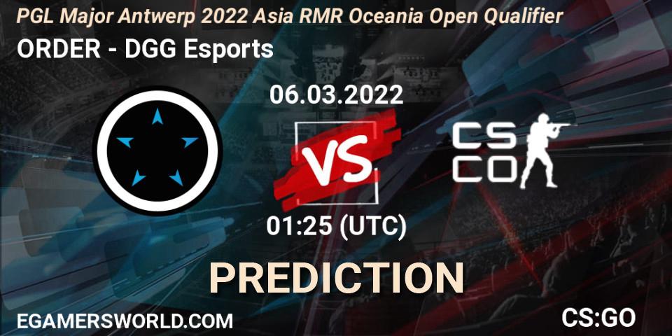 ORDER vs DGG Esports: Match Prediction. 06.03.2022 at 01:25, Counter-Strike (CS2), PGL Major Antwerp 2022 Asia RMR Oceania Open Qualifier
