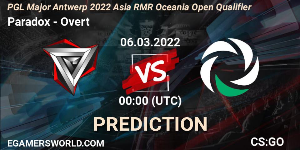 Paradox vs Overt: Match Prediction. 06.03.2022 at 00:05, Counter-Strike (CS2), PGL Major Antwerp 2022 Asia RMR Oceania Open Qualifier