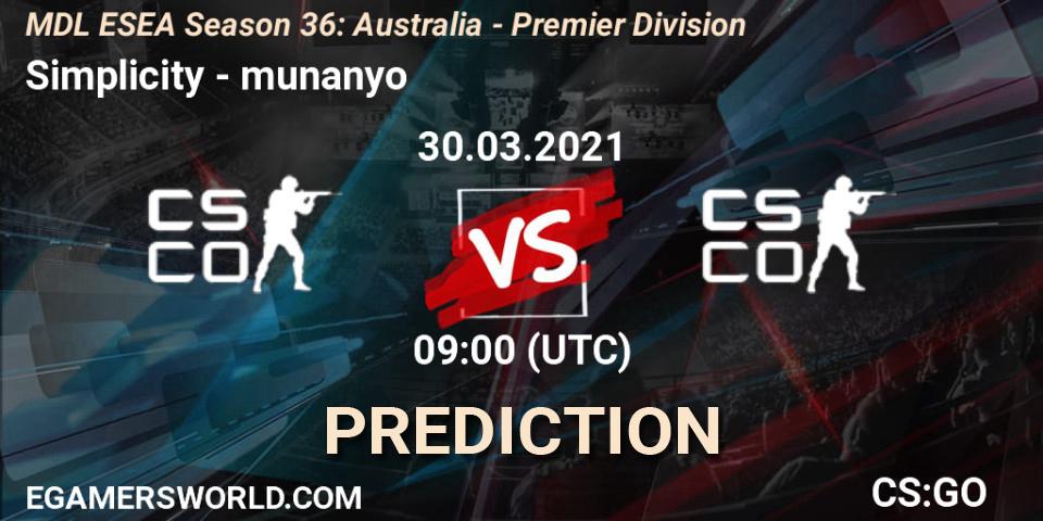 Simplicity vs munanyo: Match Prediction. 30.03.2021 at 09:00, Counter-Strike (CS2), MDL ESEA Season 36: Australia - Premier Division