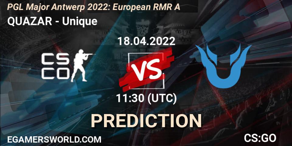 QUAZAR vs Unique: Match Prediction. 18.04.2022 at 12:25, Counter-Strike (CS2), PGL Major Antwerp 2022: European RMR A