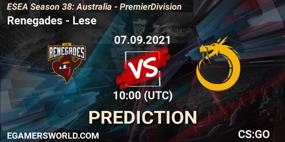 Renegades vs Lese: Match Prediction. 07.09.2021 at 10:00, Counter-Strike (CS2), ESEA Season 38: Australia - Premier Division