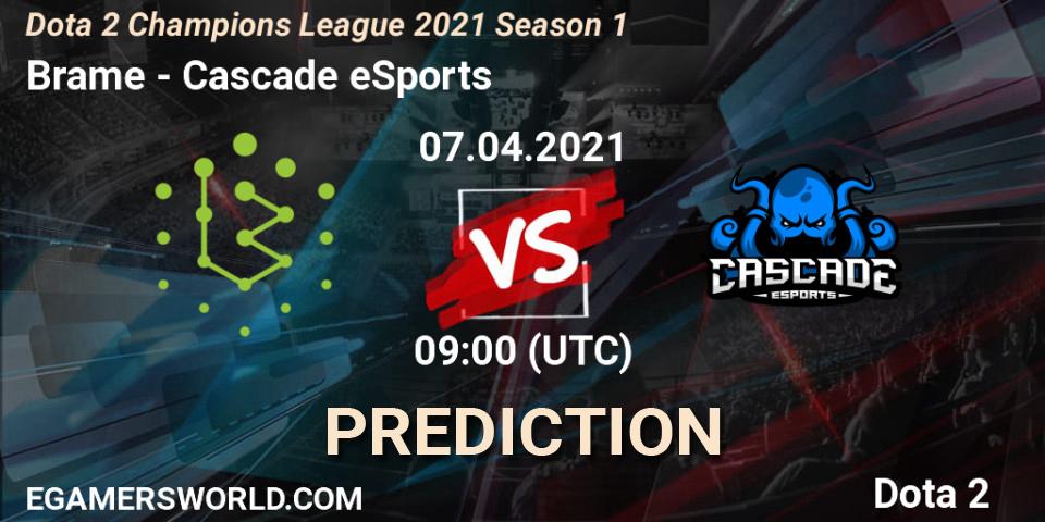 Brame vs Cascade eSports: Match Prediction. 08.04.2021 at 09:07, Dota 2, Dota 2 Champions League 2021 Season 1