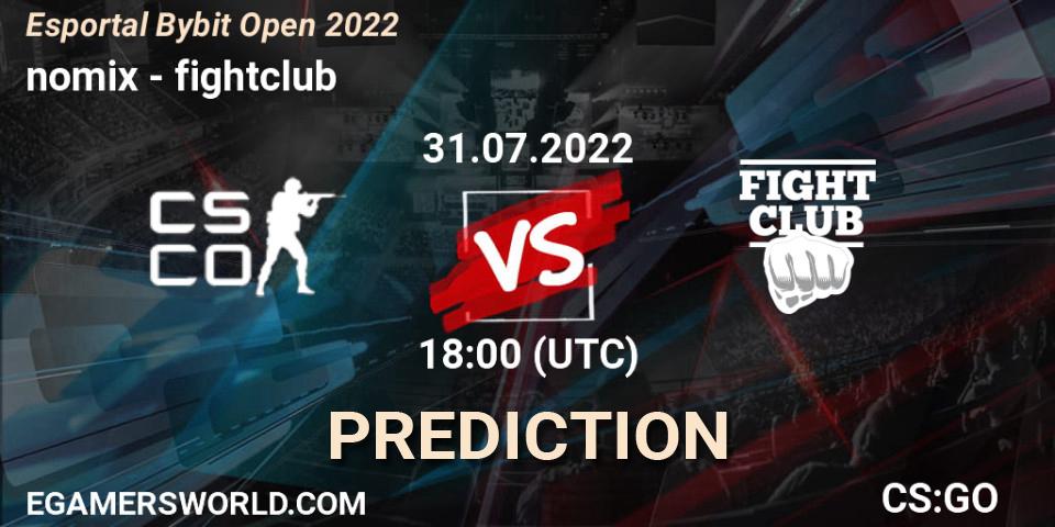 nomix vs fightclub: Match Prediction. 31.07.2022 at 17:00, Counter-Strike (CS2), Esportal Bybit Open 2022