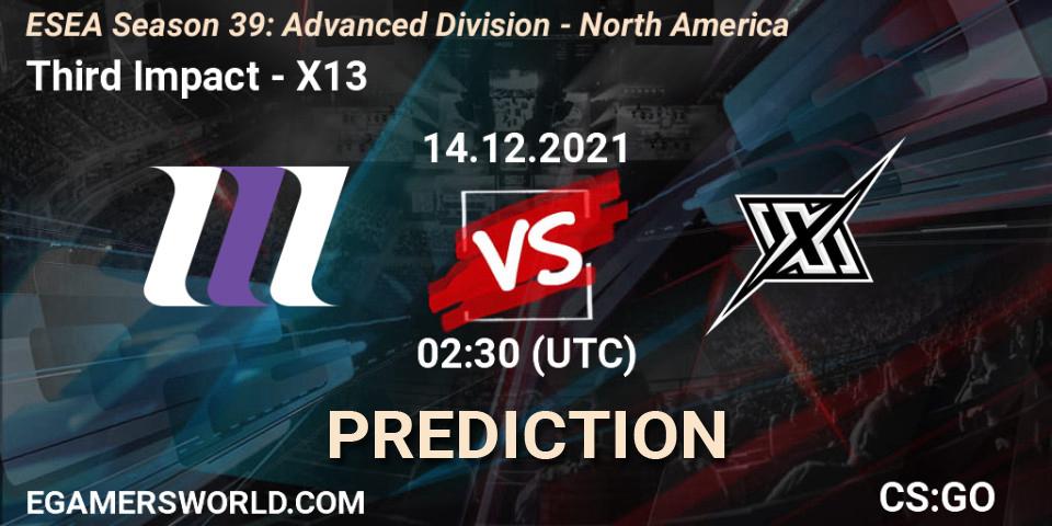 Third Impact vs X13: Match Prediction. 14.12.2021 at 01:00, Counter-Strike (CS2), ESEA Season 39: Advanced Division - North America
