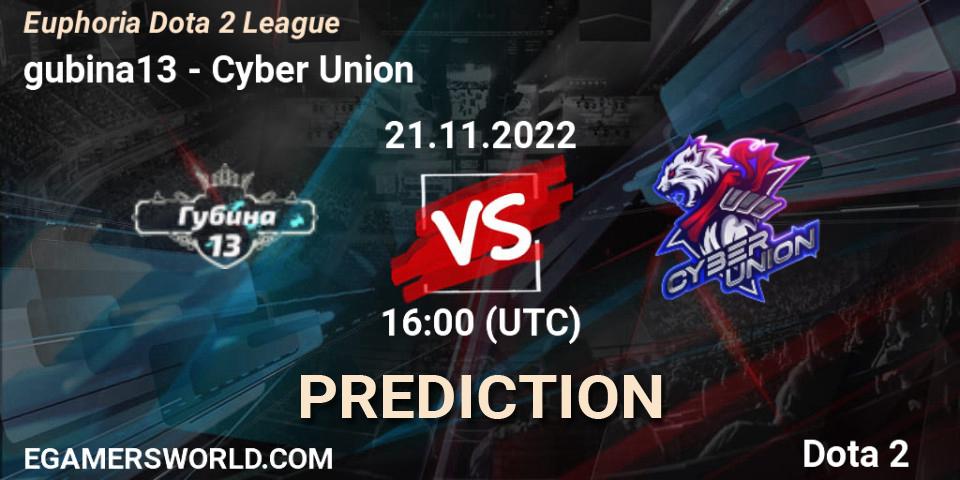 gubina13 vs Cyber Union: Match Prediction. 21.11.2022 at 16:16, Dota 2, Euphoria Dota 2 League