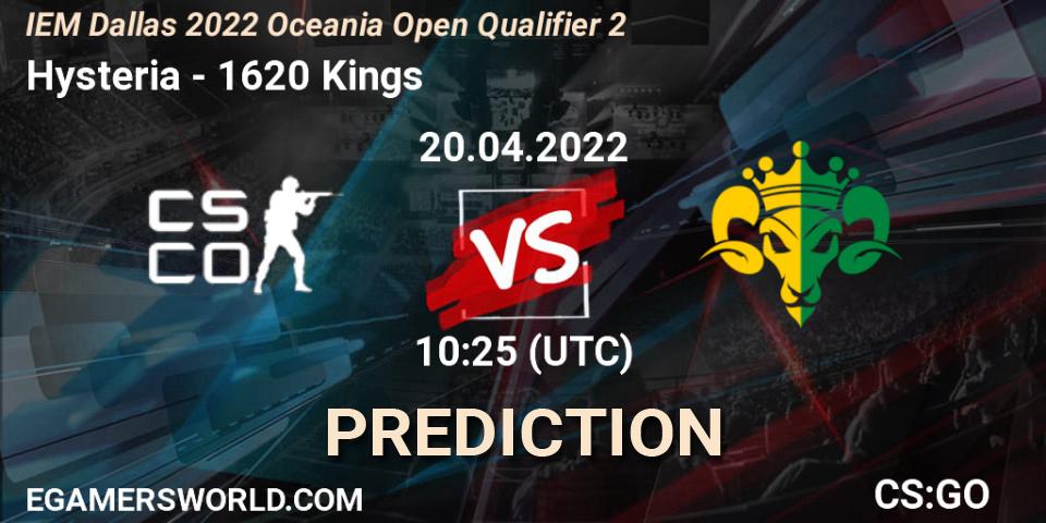 Hysteria vs 1620 Kings: Match Prediction. 20.04.2022 at 10:25, Counter-Strike (CS2), IEM Dallas 2022 Oceania Open Qualifier 2