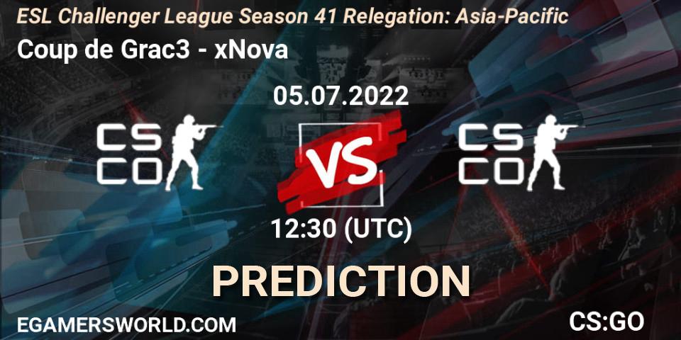 Coup de Grac3 vs xNova: Match Prediction. 05.07.2022 at 12:30, Counter-Strike (CS2), ESL Challenger League Season 41 Relegation: Asia-Pacific