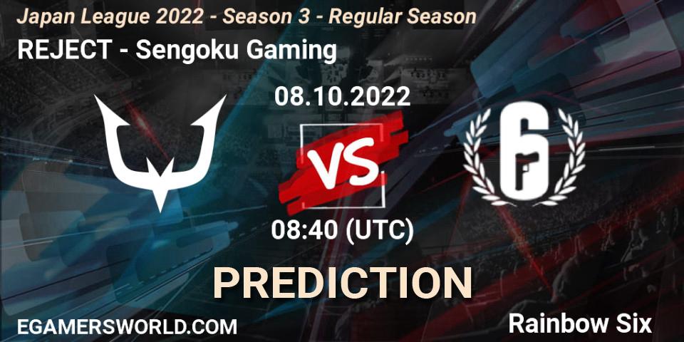 REJECT vs Sengoku Gaming: Match Prediction. 08.10.2022 at 08:40, Rainbow Six, Japan League 2022 - Season 3 - Regular Season