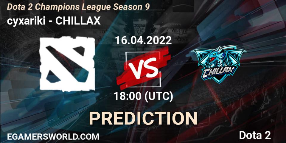 cyxariki vs CHILLAX: Match Prediction. 16.04.2022 at 18:20, Dota 2, Dota 2 Champions League Season 9