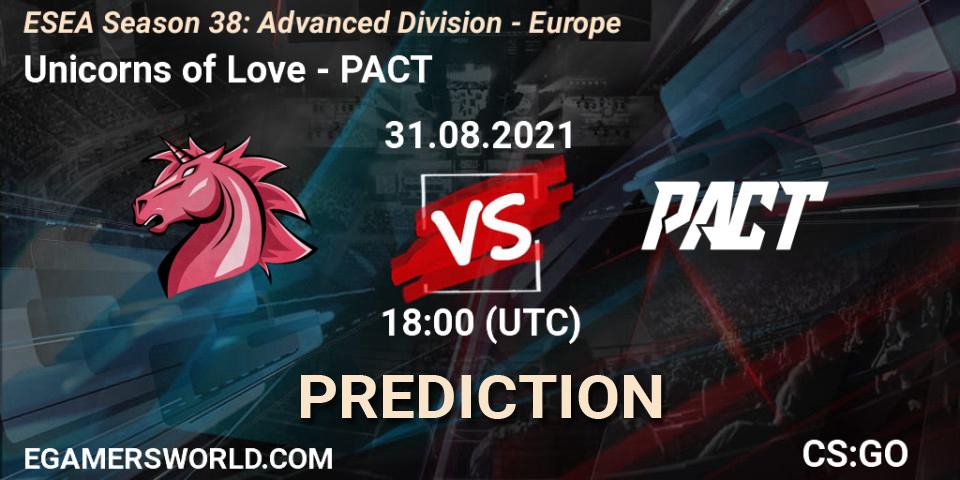 Unicorns of Love vs PACT: Match Prediction. 31.08.2021 at 18:00, Counter-Strike (CS2), ESEA Season 38: Advanced Division - Europe