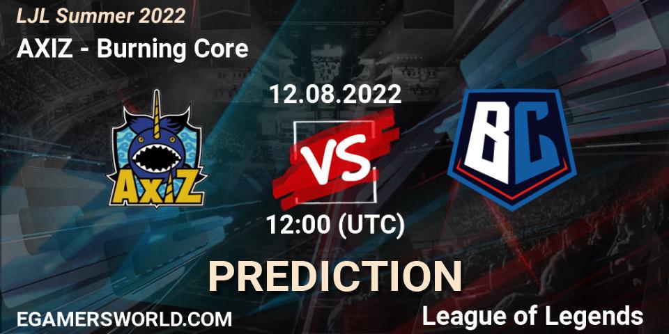 AXIZ vs Burning Core: Match Prediction. 12.08.2022 at 12:00, LoL, LJL Summer 2022