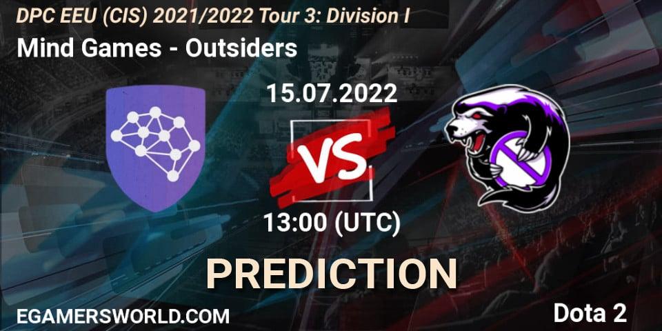 Mind Games vs Outsiders: Match Prediction. 15.07.2022 at 13:38, Dota 2, DPC EEU (CIS) 2021/2022 Tour 3: Division I