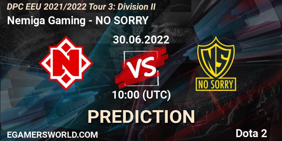 Nemiga Gaming vs NO SORRY: Match Prediction. 30.06.2022 at 10:00, Dota 2, DPC EEU 2021/2022 Tour 3: Division II
