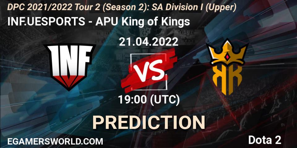 INF.UESPORTS vs APU King of Kings: Match Prediction. 21.04.2022 at 22:21, Dota 2, DPC 2021/2022 Tour 2 (Season 2): SA Division I (Upper)