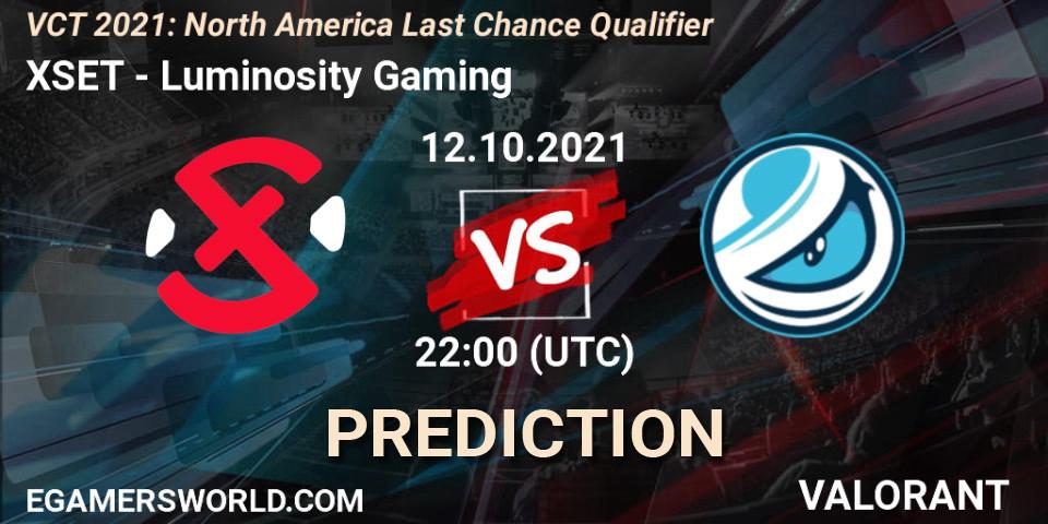 XSET vs Luminosity Gaming: Match Prediction. 12.10.2021 at 23:00, VALORANT, VCT 2021: North America Last Chance Qualifier