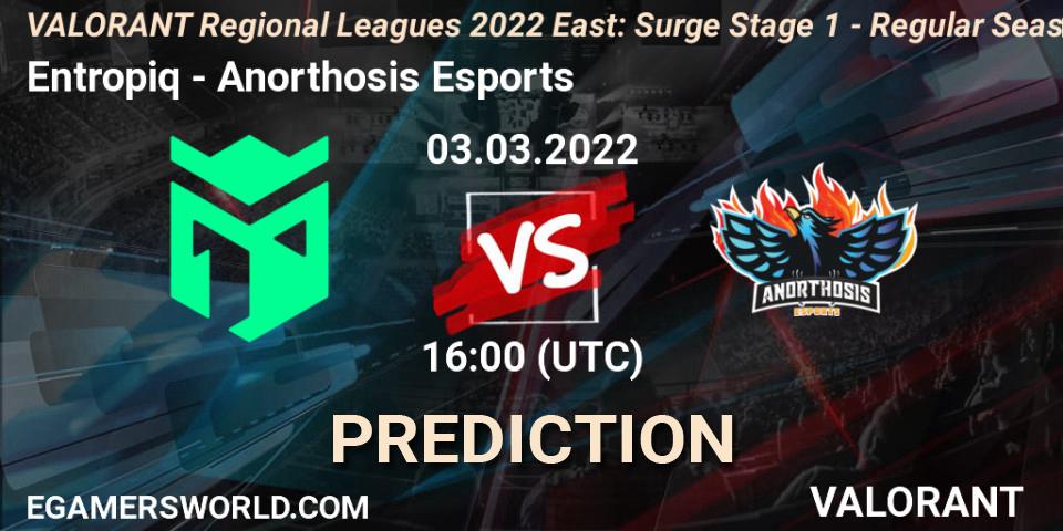 Entropiq vs Anorthosis Esports: Match Prediction. 03.03.2022 at 16:00, VALORANT, VALORANT Regional Leagues 2022 East: Surge Stage 1 - Regular Season