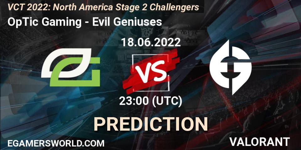 OpTic Gaming vs Evil Geniuses: Match Prediction. 18.06.2022 at 23:00, VALORANT, VCT 2022: North America Stage 2 Challengers