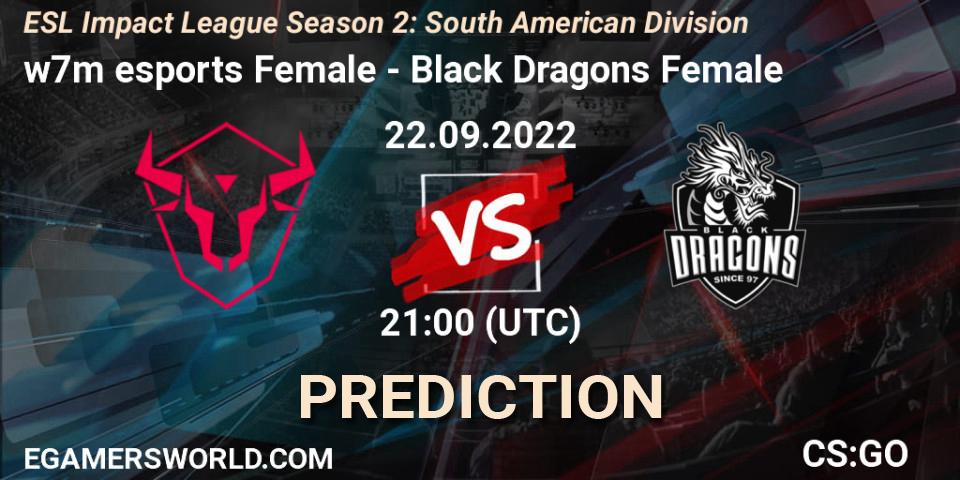 w7m esports Female vs Black Dragons Female: Match Prediction. 22.09.2022 at 21:00, Counter-Strike (CS2), ESL Impact League Season 2: South American Division