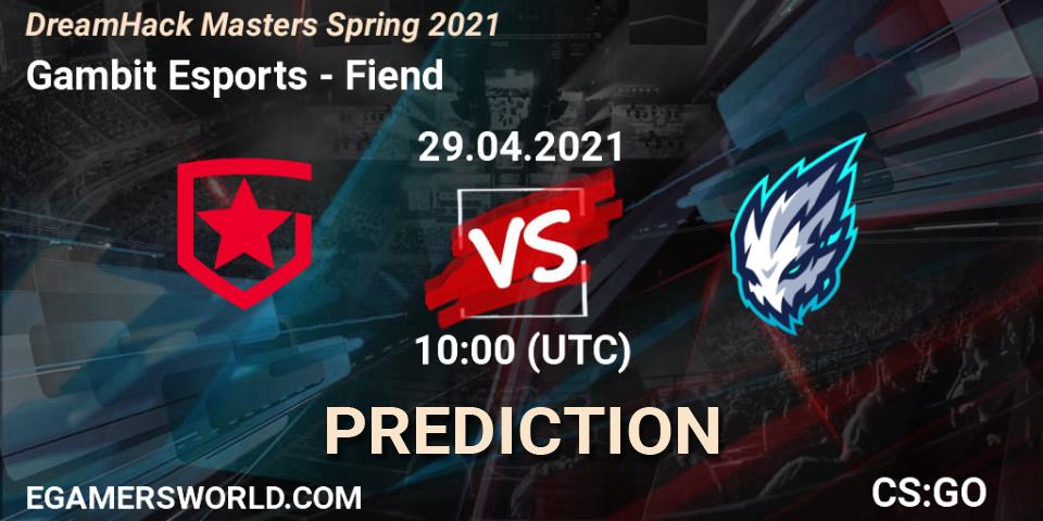 Gambit Esports vs Fiend: Match Prediction. 29.04.2021 at 10:00, Counter-Strike (CS2), DreamHack Masters Spring 2021