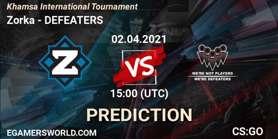Zorka vs DEFEATERS: Match Prediction. 02.04.2021 at 15:00, Counter-Strike (CS2), Khamsa International Tournament